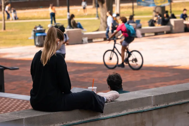 A student sitting in the Diag on a bench, looking at a laptop. Many students pass by in the background.