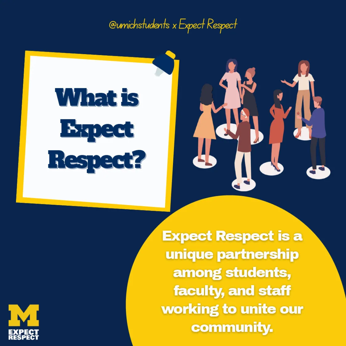 Maize and blue graphic features a group of illustrated students talking to each other. The copy reads What is Expect Respect? Expect Respect is a unique partnership among students, faculty, and staff working to unite our community.